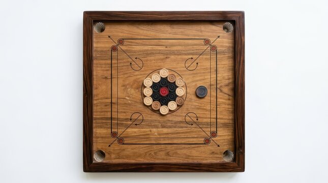 Carrom Board with Coins and Striker, Wooden Game Board Top View Isolated on White