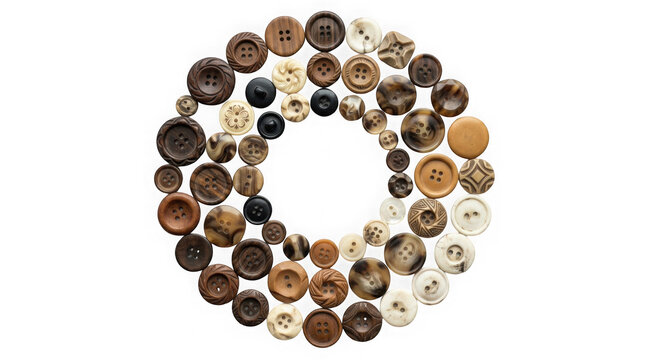 A circular arrangement of various vintage brown and cream buttons isolated on transparent background