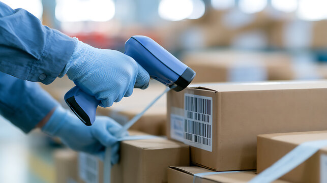 Warehouse worker in blue gloves use electronic barcode scanner reader to check and process cardboard box package product in supply chain logist