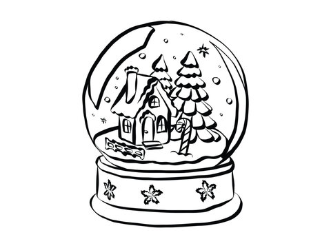 Whimsical doodle of Christmas snow globe with winter scene inside. Hand-drawn holiday illustration featuring festive snowball sphere in minimalist outline art style. Vector illustration