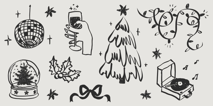 Whimsical Christmas party illustration featuring hand-sketched doodle icons of wine, champagne and xmas quirky elements in charming vintage style for holiday greeting cards. Vector illustration.