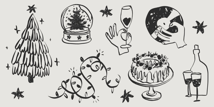 Whimsical Christmas party illustration featuring hand-sketched doodle icons of wine, champagne and xmas quirky elements in charming vintage style for holiday greeting cards. Vector illustration.