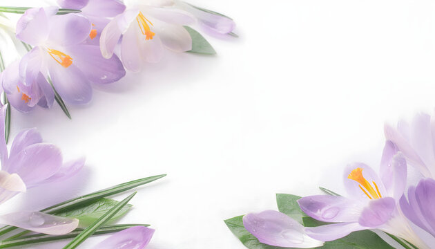 Crocus flowers forming spring corner frame on white background