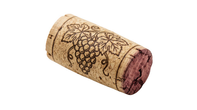 Single wine cork with engraved grape bunch design isolated on transparent background