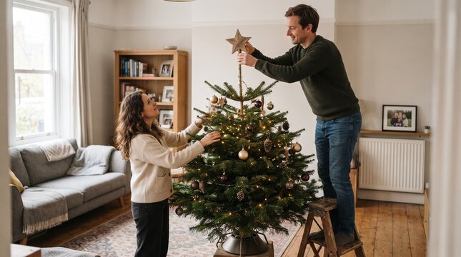 Couple working together to place a simple wooden star on top of their Christmas tree at home.