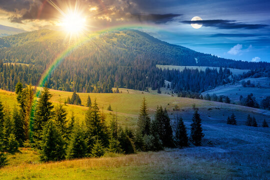 countryside mountain landscape in summer. day meet night. sun and moon over view of Borzhava mountain ridge behind the green pasture at twilight. field near coniferous forest. astrology wallpaper