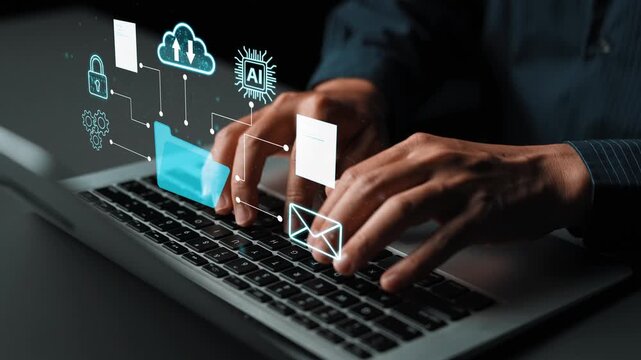 Hands Typing on Laptop with Digital Icons Representing Cloud Computing, Artificial Intelligence, Security, and Communication Technologies. Entropy.