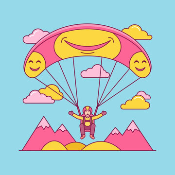 Joyful Paraglider Soars Through Sunny Skies Amidst Pink Mountains