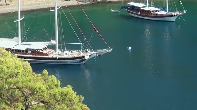 A wooden gulet anchored in calm turquoise waters near a pine forest on a sunny day.