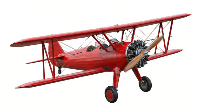 Photorealistic vintage red biplane model with two stacked wings, detailed propeller, cockpit, landing wheels and realistic painted metal surface, centered three-quarter airborne-style composition
