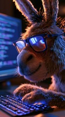 Fototapeta premium Donkey wears glasses, typing on glowing keyboard
