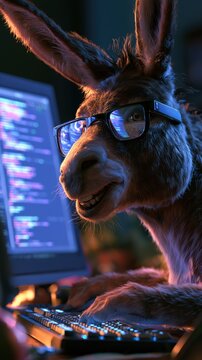 Donkey wears glasses, typing at computer screen