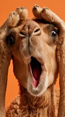 Obraz premium Camel yawns widely with surprised, wide eyes