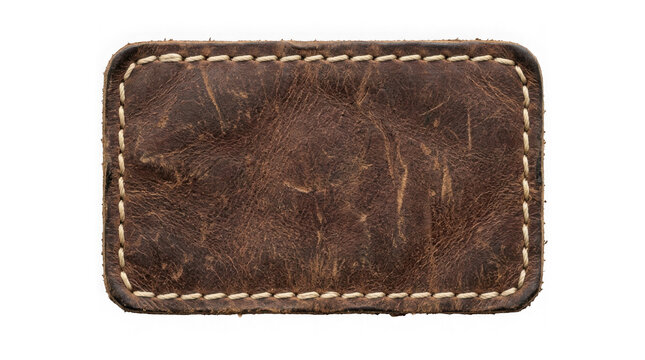 A rectangular brown leather patch with visible stitching isolated on transparent background