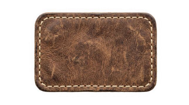 Rectangular brown leather patch with beige stitching isolated on transparent background