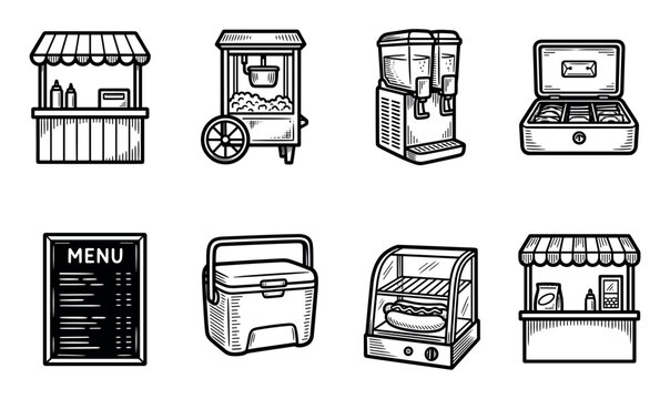 Collection of hand-drawn street food icons in a black and white line art style, including a vendor stall, popcorn machine, drink dispenser, cash box, menu, cooler, and hot dog warmer