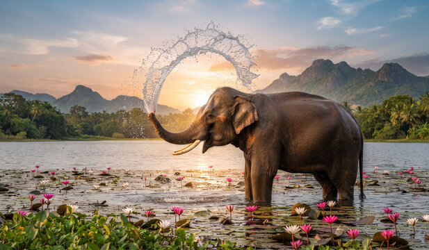 Wild Sri Lankan Elephant Drinking Water from Lotus Covered Lake with Mountain Landscape