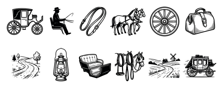 Collection of vintage horse-drawn carriage icons featuring a stagecoach, coachman, horses, lantern, and rural landscape in a black and white hand-drawn woodcut illustration style