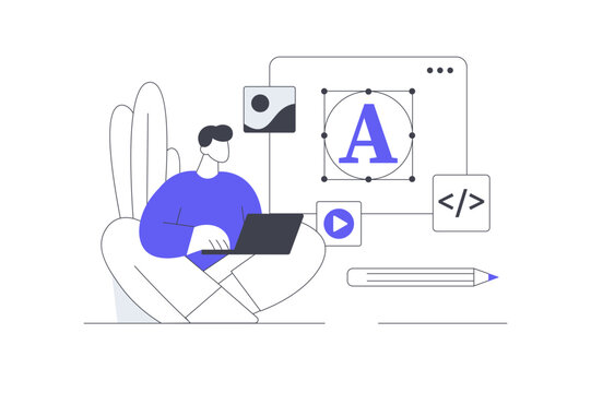 Navigation Buttons UI Design and Graphic Web Element Layout. Male Specialist Working on Laptop Customizing Font Lettering Media Buttons and Code Tag. Flat Cartoon Vector Illustration, icon Stylish web