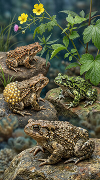 Four toads Anaxyrus americanus and one green toad Bufotes viridis with yellow flowers and green leaves