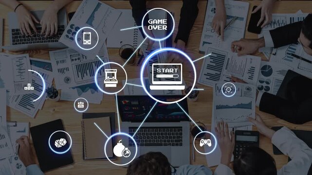 Gaming icons show online gaming, game streaming, and interactive play. Gaming supports esports, game community, and digital gaming experience. Funnel