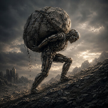 Cyborg robot carrying heavy stone boulder up a rocky mountain hill