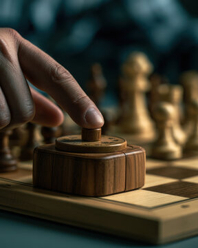Hand pressing timer button on a classic chess clock beside chessboard  