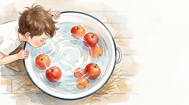 Child bobbing for apples in enamel tub at fall festival, overhead watercolor illustration with swirling red apples and airy copy space