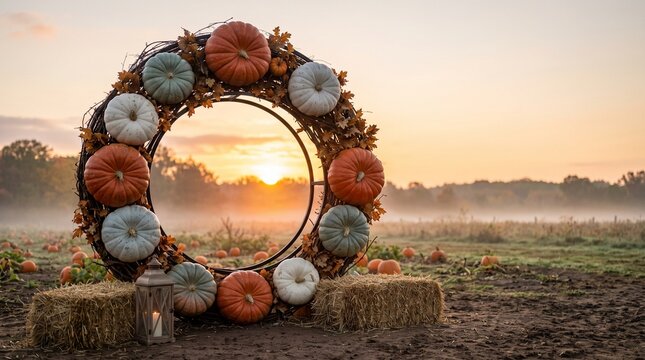 Circular pumpkin wreath entrance framing sunset over fall festival field, luxury seasonal photography with hay bales, lantern and generous copy space