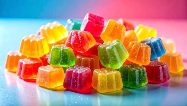 Colorful gummy candies pile creating sweet dessert
