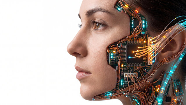 Cyborg woman profile featuring exposed mechanical wires and glowing digital circuit board textures.