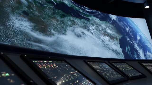 Planet Earth imagery moves across a wide curved display above illuminated control consoles, showing cloud formations, blue ocean and green land inside a dark technology room