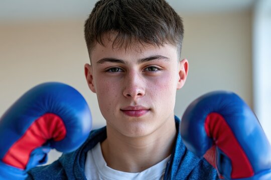Young boxer gazes confidently at camera