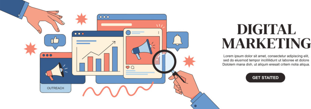 Digital Marketing Dashboard with Chart Megaphone and Magnifier Landing Page