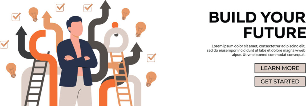 Confident Businessman with Arrows Ladders and Ideas Career Growth Landing Page