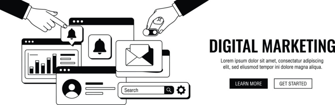 Digital Marketing Dashboard with Hands Bell Envelope and Search Bar