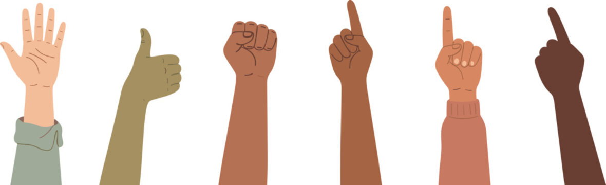 Diverse Raised Hands Set with Fist Thumbs Up and Pointing Gestures