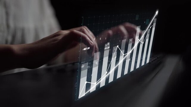 A pair of hands interacts with a virtual financial graph, showcasing an upward trend on a digital display, emphasizing modern analytics and growth. Copula