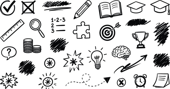 Hand Drawn Education Business Doodle Icon Set with Lightbulb and Trophy