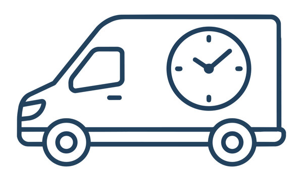Minimalist delivery van icon integrated with a clock face representing timely logistics and fast shipping services efficiency concept