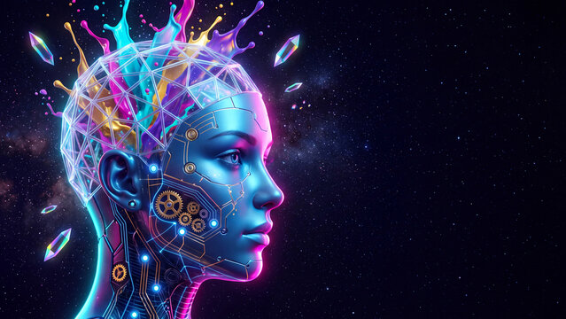Cyborg head glowing with neon lights, vibrant colors, and digital textures against a dark space background.