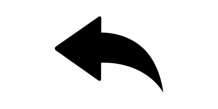 Black curved left arrow vector icon on checkerboard background.