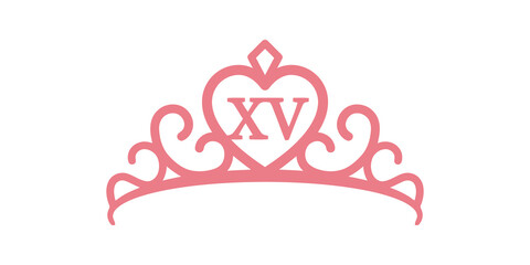 Pink quinceanera tiara crown icon with heart shape and number fifteen. © MuhammadAshraf