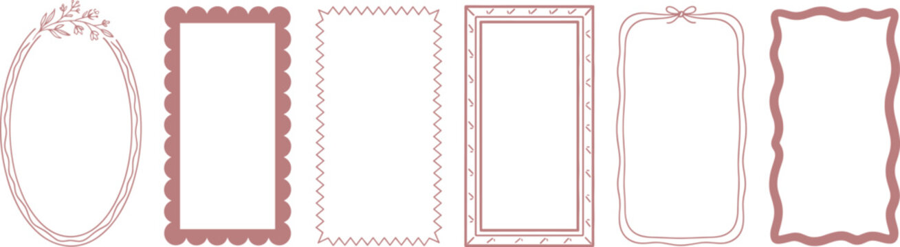 Set of Hand Drawn Pink Rectangular Frames with Floral and Scalloped Borders