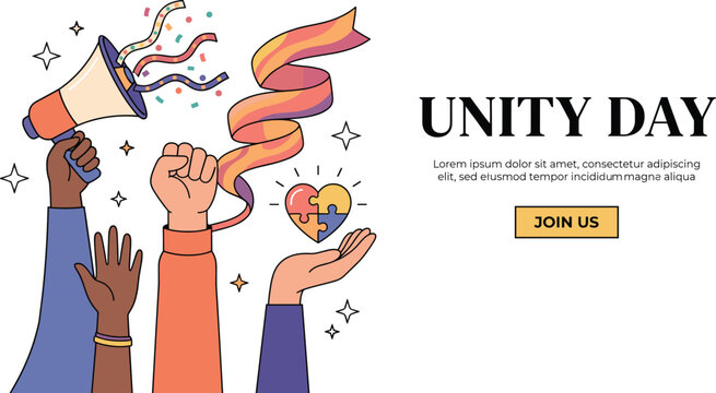 Unity Day Raised Hands with Megaphone Fist and Puzzle Heart Banner