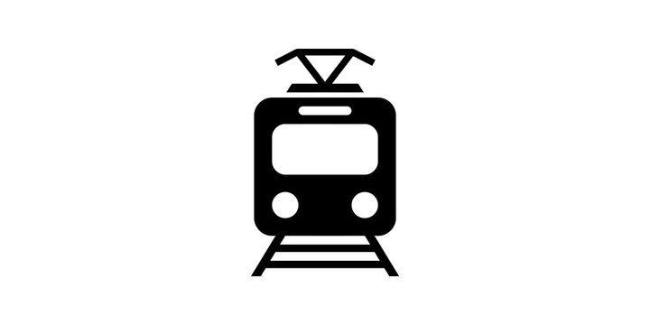 Black train icon on transparent background for public transport railway.