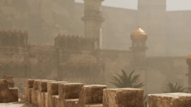 A castle wall stands tall with turrets and a golden dome visible in the background. Palm trees are present, and fog adds a mysterious atmosphere to the scene.