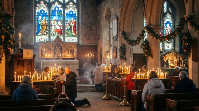 Congregation in a historic church illuminated by many lit candles, creating a warm, reflective atmosphere for prayer during a festive holiday service