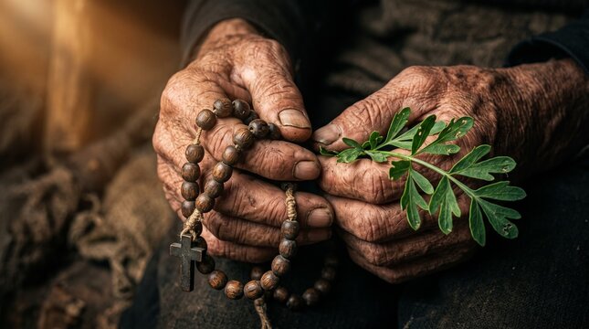 M&atilde;os de rezadeira segurando ter&ccedil;o de madeira e ramo de arruda em ora&ccedil;&atilde;o e benzimento tradicional