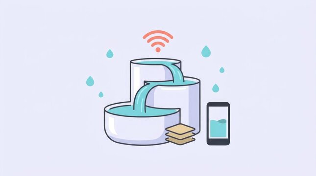 A flat vector illustration of a smart pet water fountain shown as a hero product object centered on a clean pale lavender background, the fountain dep